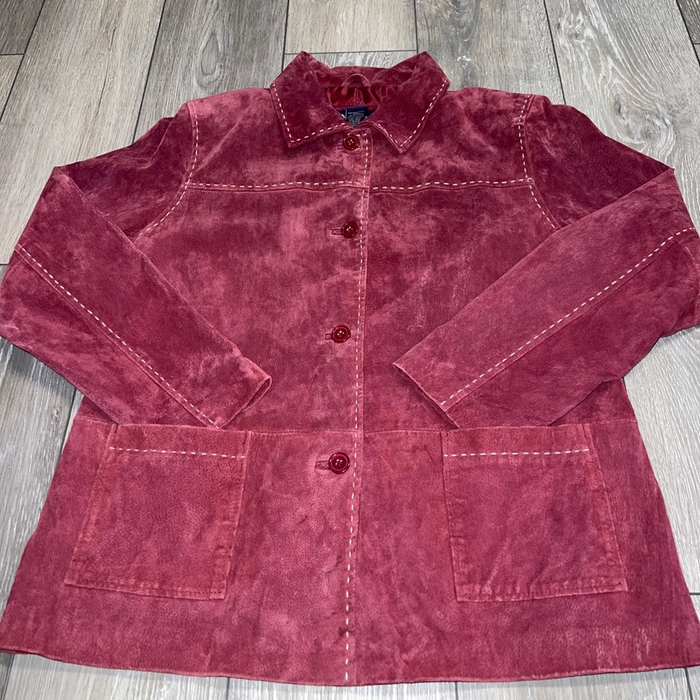 Denim & Co Jacket 100% Suede Leather Lined White Stitch Red Women’s Size Medium